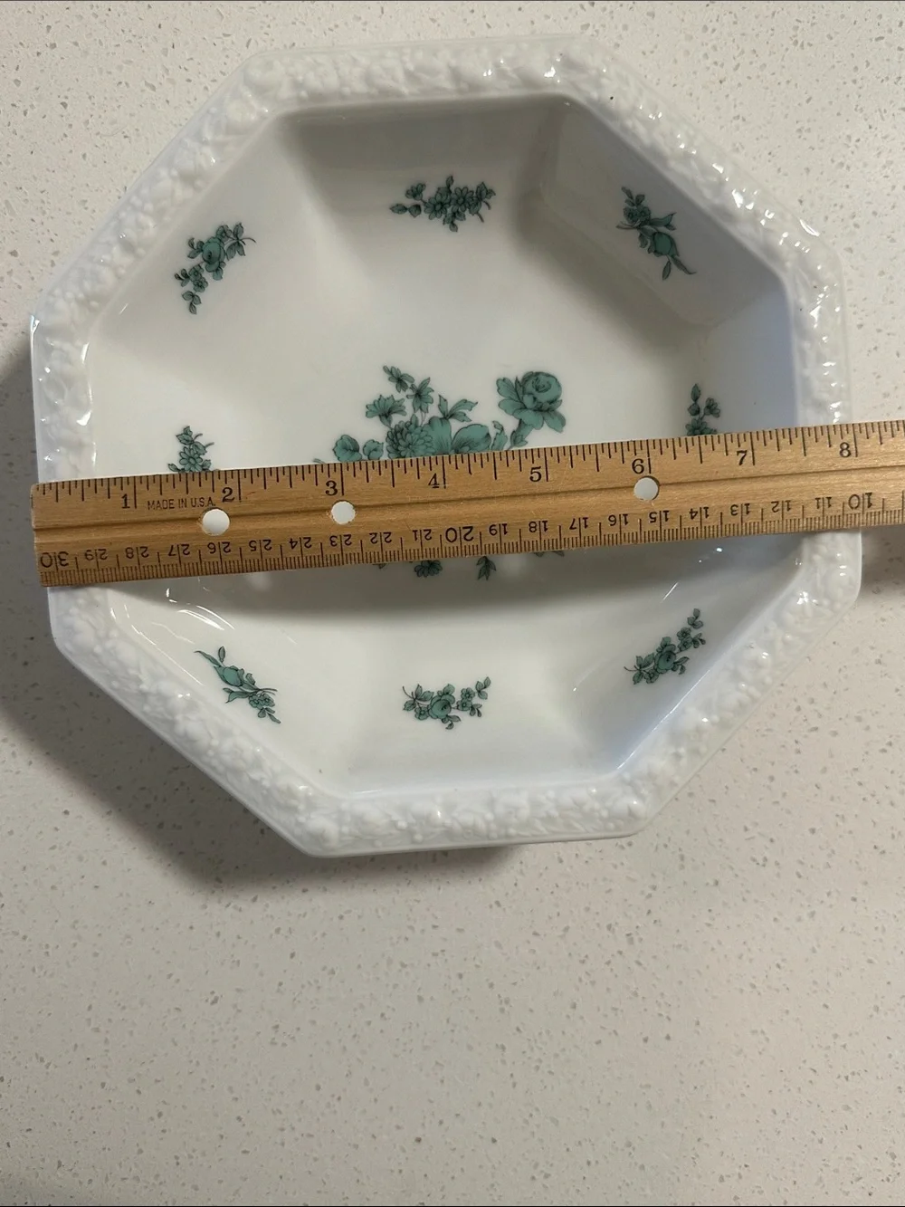 Rosenthal White Octagonal Porcelain Bowl with Green Floral Motif